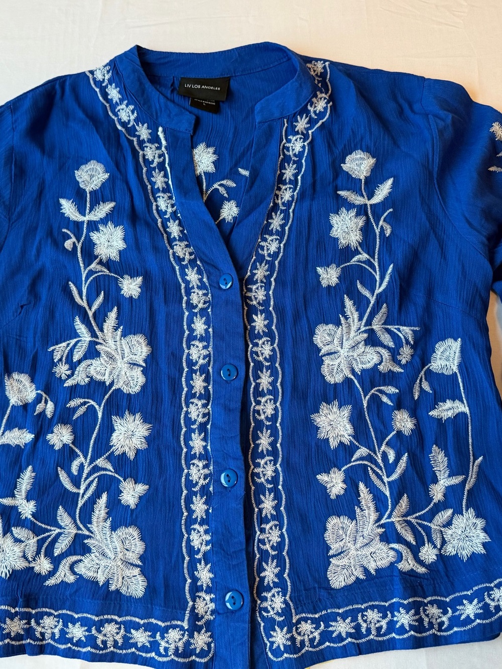 Evelyn Embroidered Royal Blue Button-Up Blouse